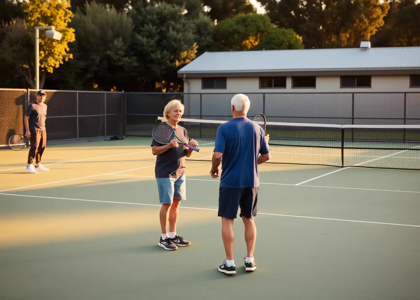 Two adult players and a coach on an outdoor court at sunset