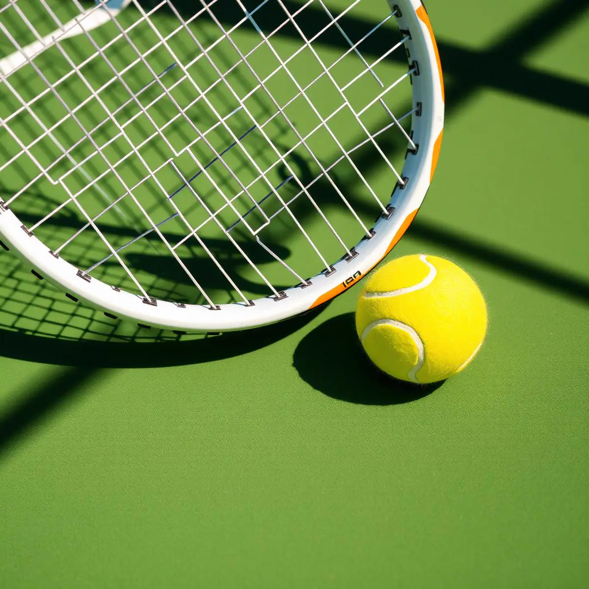 Close-up of racquet strings and a tennis ball resting on a green hard court