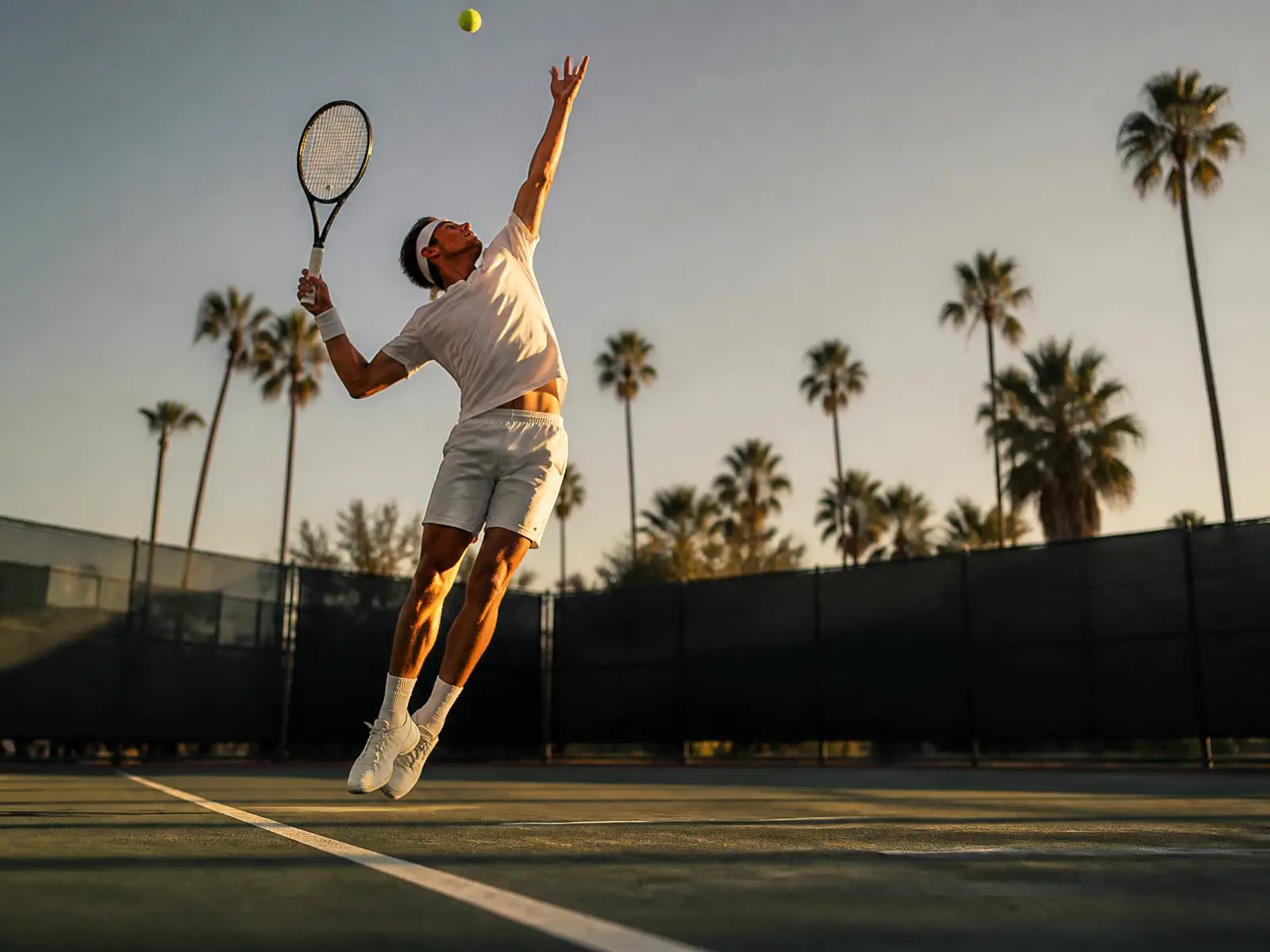 A player serving on an outdoor Los Angeles tennis court in late afternoon light