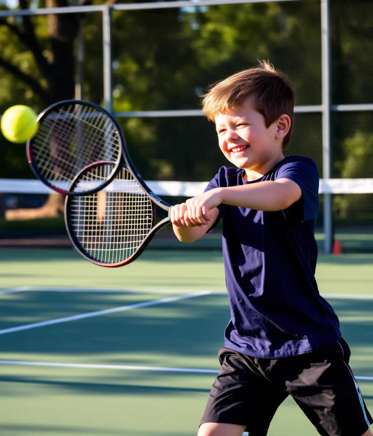 A young player striking a two-handed backhand during a rally
